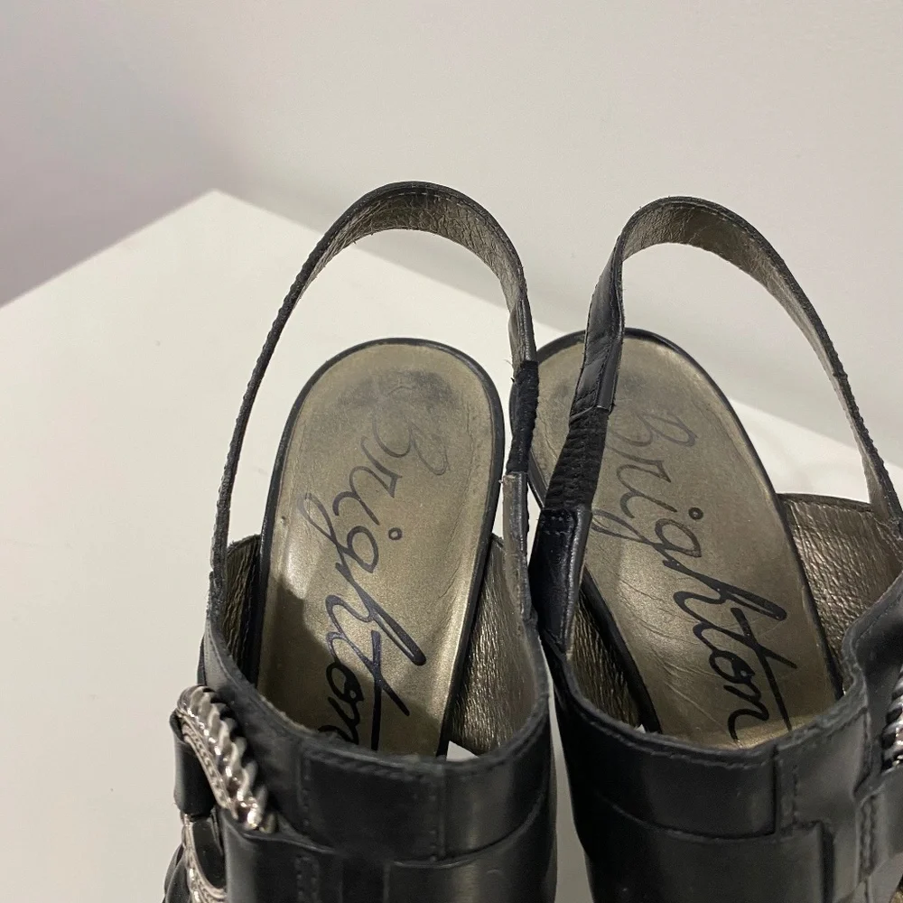 Brighton‎ Black Leather Braided Slingback Heeled Sandals Silver Hardware Buckle
